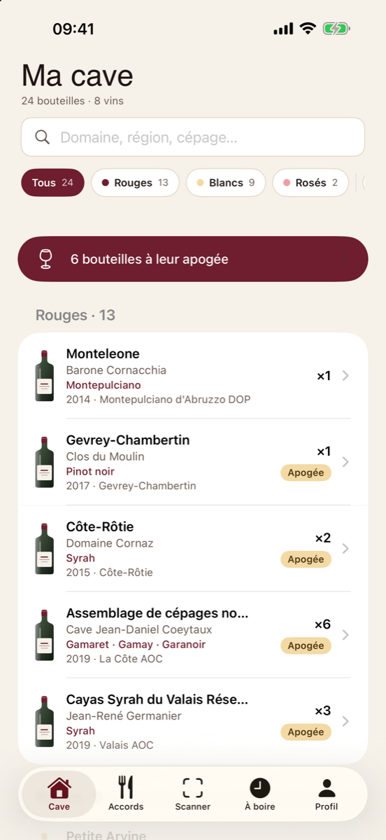 Écran « Ma cave », filtré par couleur